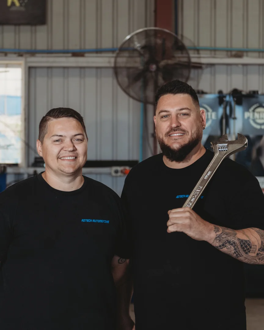 Aaron Cicino and Josh Summers of Aztech Automotive in the Brendale workshop